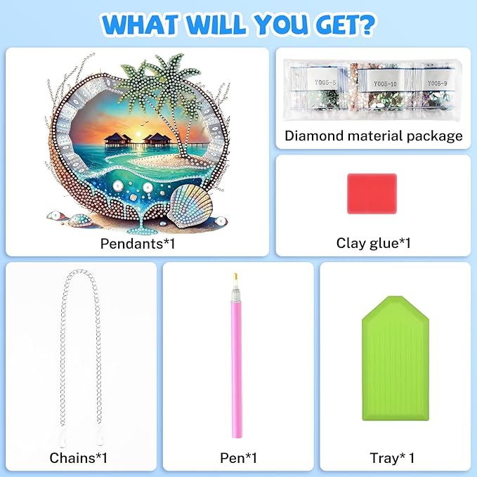 Bowetile Coconut Diamond Art Hanging Kits for Adults, Summer Diamond Art Suncatchers Beach, 5D Special Shape Diamond Painting Pendant Window Ornament Gifts for Home Wall Garden Decor