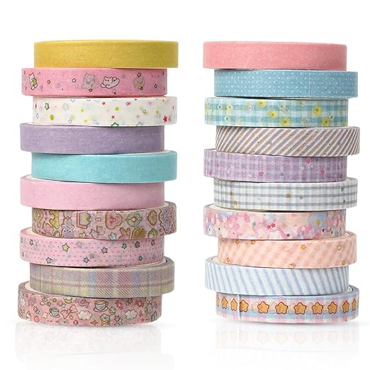 Washi Tape Set 20 Rolls Cute Vintage Washi Tape Decorative Tapes Adhesive Craft Washy Pattern Tapes for Scrapbooking Arts DIY Crafts Journal Planners Gift Wrapping Junk Journal Supplies, Cute
