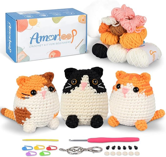 Amorloop Beginner Crochet Animals Kit for Adults Kids – 3 PCS Crochet Kit with Easy-to-See Stitches Yarn and Video Tutorials, Cute Animal Designs, DIY Crochet Set for First-Time Learners - Cat Combo