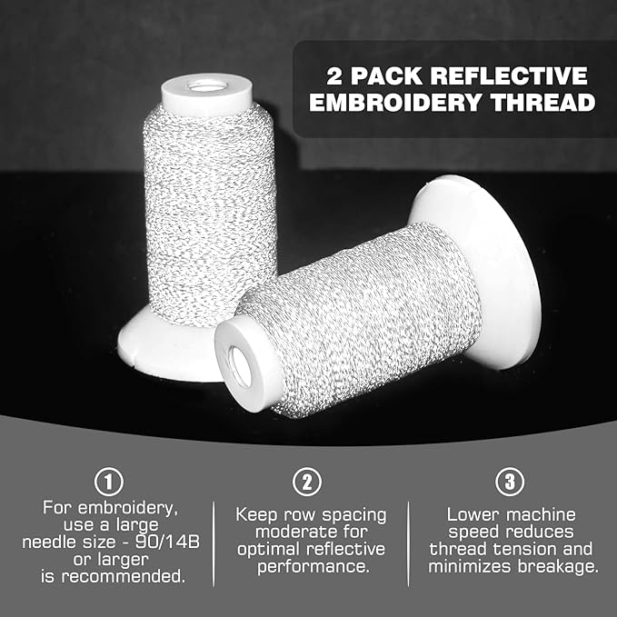 Reflective Embroidery Machine Thread Kit Improved Visibility, 2 Spools Sewing Polyester Thread 200M(218Yds) Each Spool Ideal for Home Machine & Hand Embroidery and Sewing Supplies (Gray)