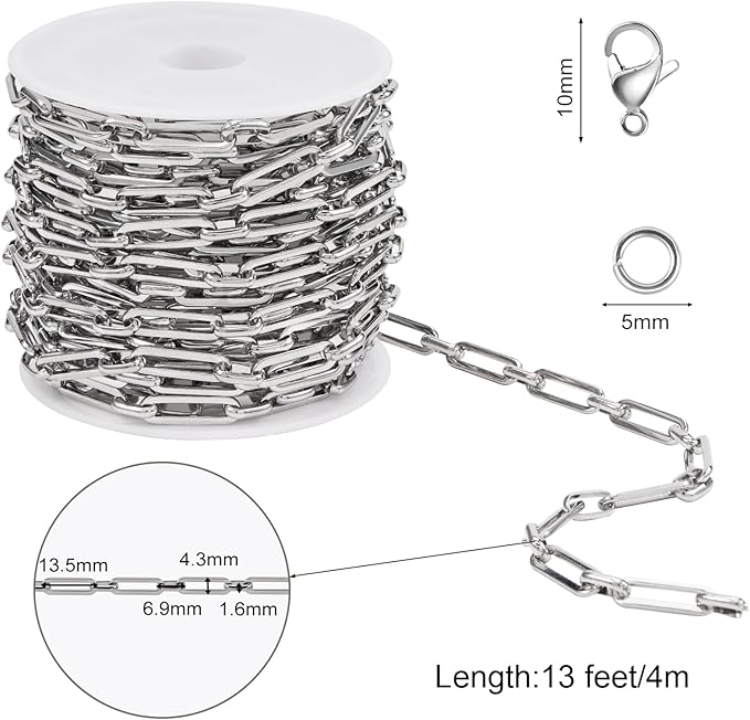SMYHTGLIF 13 Feet Silver Stainless Steel Chain for Jewelry Making Paperclip Bulk Chain Spool Craft Jewelry with Lobster Clasps and Jump Rings