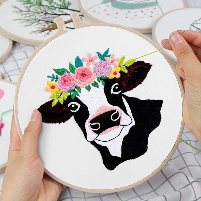 Louise Maelys Cow Beginners Embroidery Kits,Cross Stitch Starter kit for Adults with Embroidery Cloth Hoop Needles Instruction and Threads