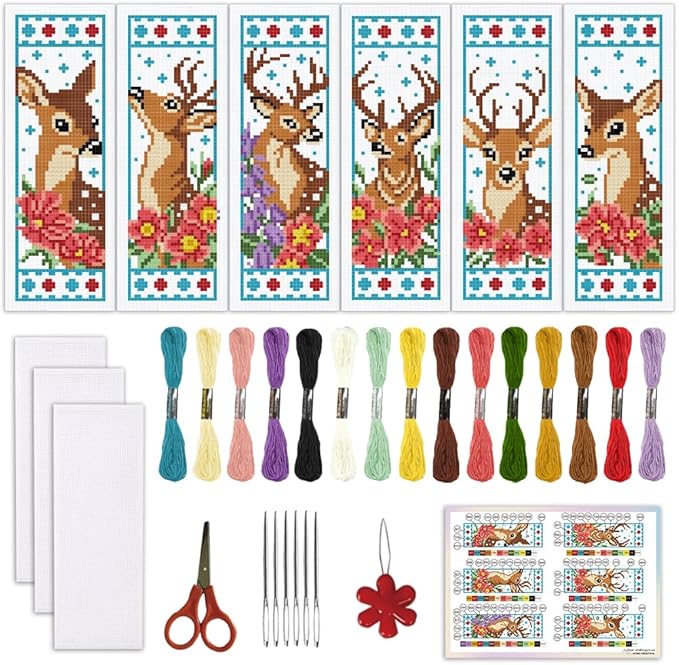 ORIGACH 6 Set Deer & Flower Cross Stitch Bookmark Kit for Beginner with Backing Felt Floss Instructions DIY Stamped Embroidery Bookmark Kit for Adults, Book Lovers