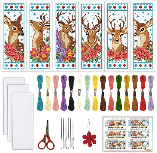 ORIGACH 6 Set Deer & Flower Cross Stitch Bookmark Kit for Beginner with Backing Felt Floss Instructions DIY Stamped Embroidery Bookmark Kit for Adults, Book Lovers