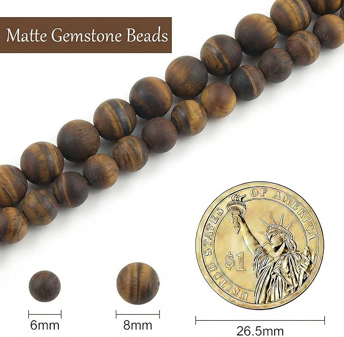Stone Beads, 45pcs Matte Classic Tiger Eye, 8mm Round Loose Beads for Jewelry Making, Bracelets, with Bag, String & Card