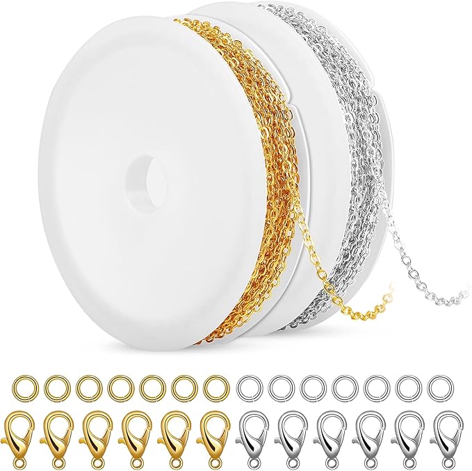 SANNIX 20 Feet Necklace Chains 3mm Jewelry Making Chains for Necklace Earring Bracelet Jewelry Making Supplies, Metal Chain Necklace with Lobster Clasps and Jump Rings for DIY Craft, Silver & Gold