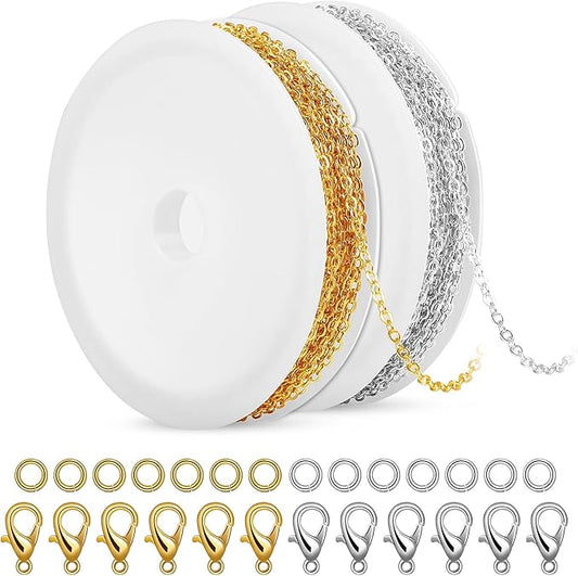 SANNIX 20 Feet Necklace Chains 3mm Jewelry Making Chains for Necklace Earring Bracelet Jewelry Making Supplies, Metal Chain Necklace with Lobster Clasps and Jump Rings for DIY Craft, Silver & Gold