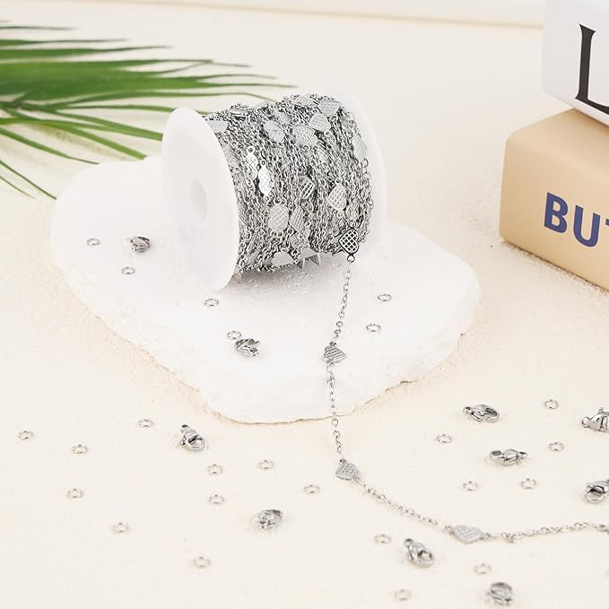 GTVOODX 16.4 Feet Dainty Heart Links Cable Chain for Jewelry Making, Silver Stainless Steel Chain Spool Bulk for Necklace Bracelet Craft DIY Permanent Jewelry Supplies