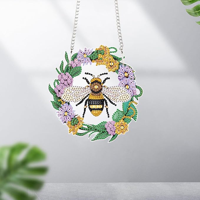 AiYuanzsh Honeybee DIY Acrylic Diamond Art Painting Pendant Kits Bee Special Shaped Rhinestone Round Diamond Art Window Pendants Home Garden Wall Door Birthday Xmas Festival Gifts