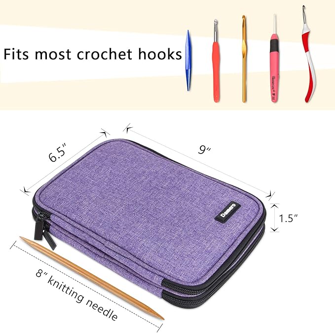 Damero Crochet Hook Case, Travel Storage Bag for Swing Crochet Hooks, Lighted Hooks, Needles(Up to 8'') and Accessories, Large, Purple (No Accessories Included)