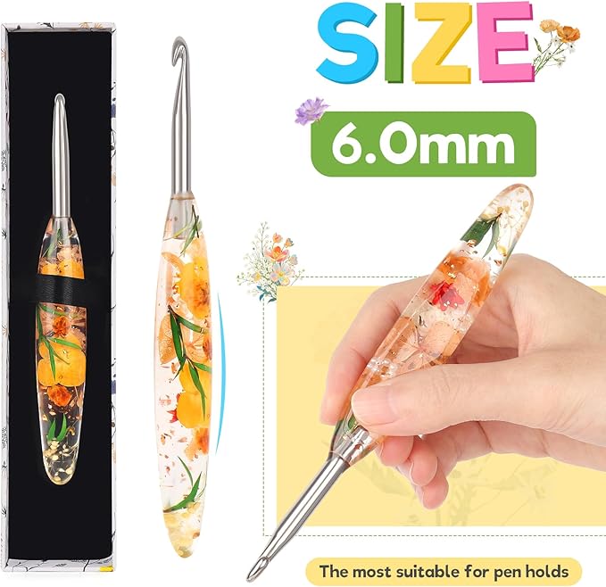 Katech 6.0mm Crochet Hook for Arthritic Hands, Hand-Polished Stainless Steel Ergonomic Crochet Hooks with Customized Sparkle Dried Floral Grip, Soft Tapered Hook-Crochet Gift for Beginner & Crocheter