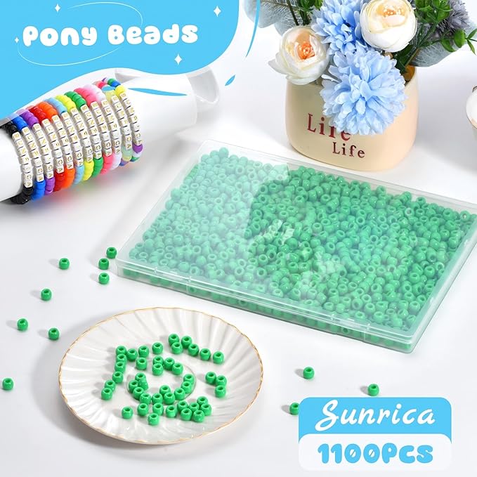sunrica 1100pcs green pony beads 6x9mm large hole plastic beads for kandi, hair braids, necklaces, friendship bracelets
