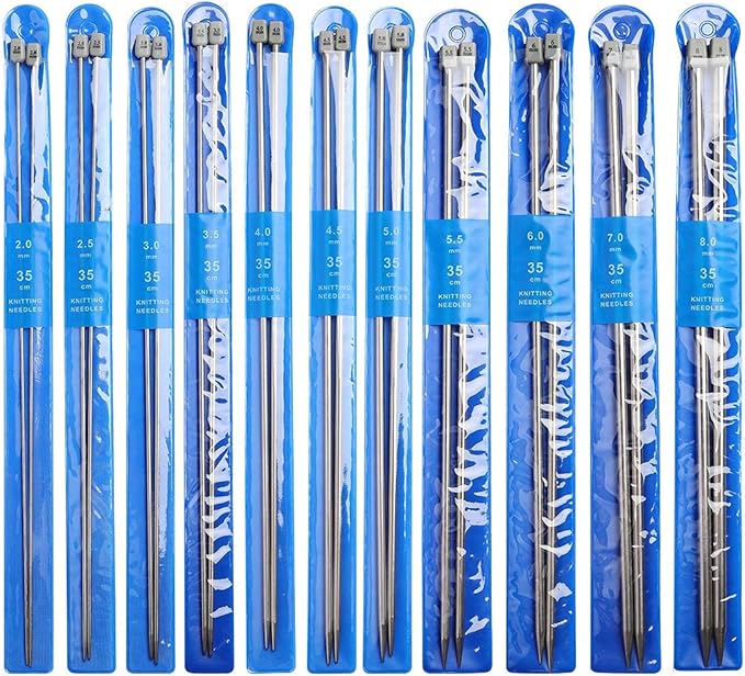 KOKNIT 13.5'' Knitting Needle Set, 22PCS 2mm(B)-8mm(L) Straight Lightweight Single Pointed Stainless Sweater Needles Set with Teel Slocking Stitch Makers