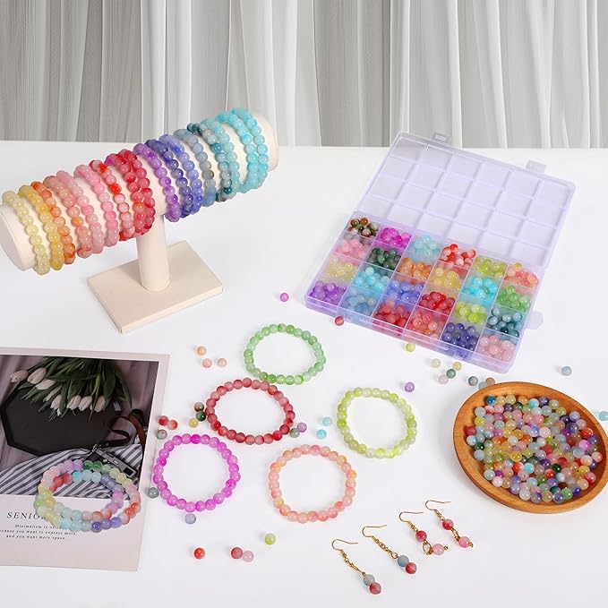 408 Pcs 8mm Glass Beads for Jewelry Making, 24 Colors Crystal Beads Bracelet Making Kit for DIY Crafts