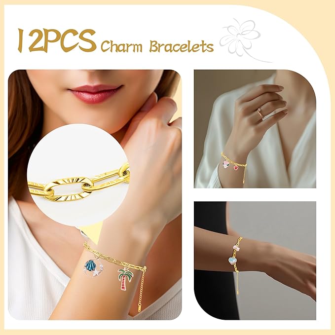 Wurosi 12PCS 18K Gold Plated Embossed Bracelet Chains 6.3Inch Gold Charm Bracelet Chains for Women DIY Jewelry Making