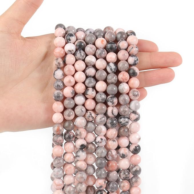 Stone Beads, 60pcs Pink Zebra Jaspers, 6mm Round Loose Beads for Jewelry Making, Bracelets, with Bag, String & Card