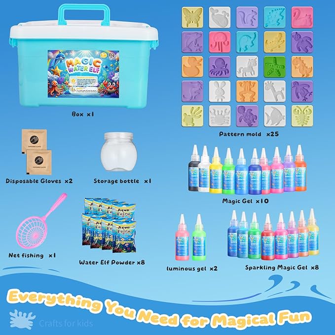 poonoo crafts kits toys - birthday gifts for girls & boys 6-12, 25 molds 20 colors magic water elf toy kit, aqua fairy water gel kit for kids, diy squishy maker, make your own water pets