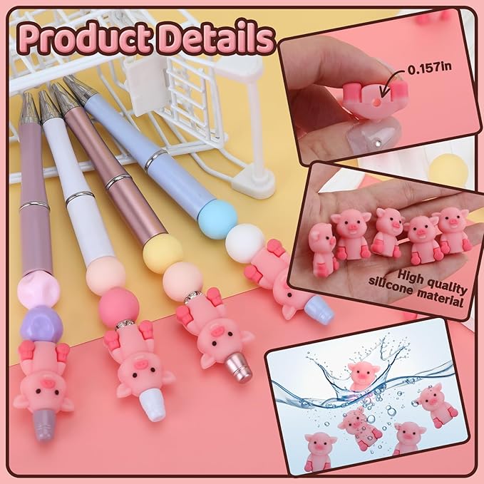 12PCS 3D Pig Silicone Beads for Pens, 12Pcs Pig Silicone Focal Beads for Keychain Making DIY Handicraft（3D Pig ）