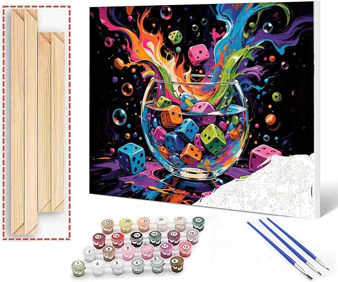 Colorful Dice in Glass Bowl Paint by Number for Adults Beginner Abstract Graffiti Paint by Number Kits on Canvas Simple Painting Crafts DIY Acrylic Paintwork Home Wall Decor 16"x20" (DIY Frame)