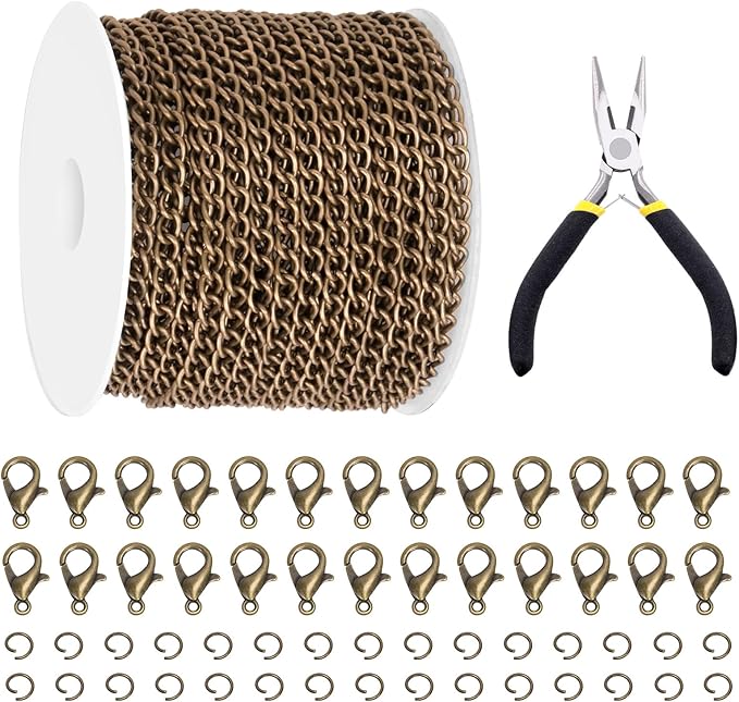 Glarks 102Pcs 30 Feet Jewelry Chains Set Ancient Bronze Cable Link Chains Link Rolls Bulk Twisted Links Chain Necklace Jewelry Making Chains with Lobster Clasps and Jump Rings