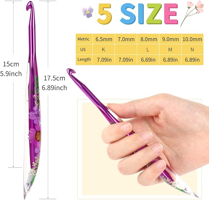 Coopay Large Crochet Hooks, 5 PCS Crochet Hook Set with Case (6.5mm, 7mm, 8mm, 9mm, 10mm), Floral Resin Grips - Beautiful & Ergonomic, Great for Crocheting Blankets, Dolls, Shawls, Hats, Scarves