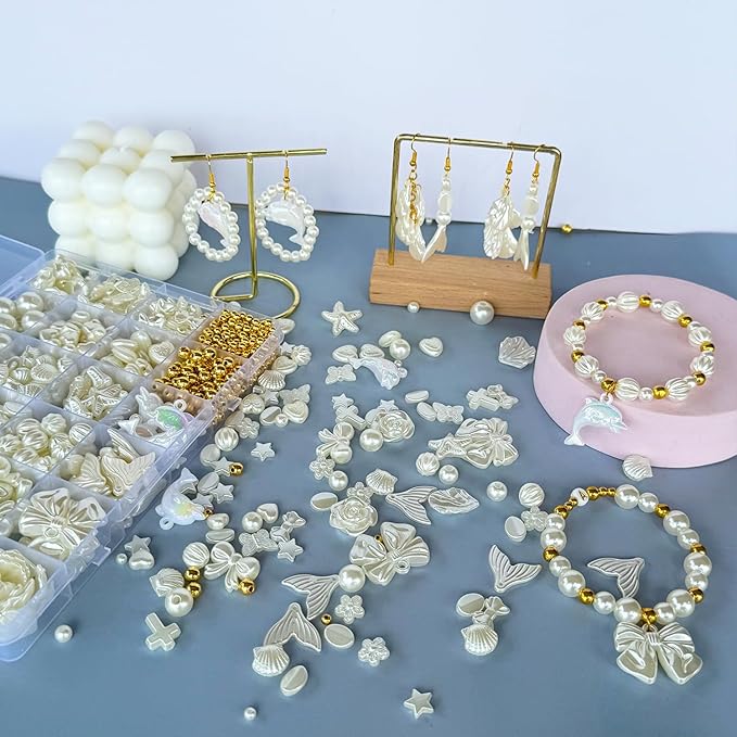 990Pcs ABS Imitation Pearl Beads for Jewelry Making, Assorted Heart Star Bow Flower Seashell Starfish Aesthetic Cute Bead for Bracelet Necklaces Earrings DIY Crafts Phone Charm Keychain