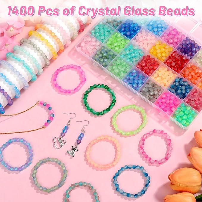 shynek 1400 Pieces 6mm Round Glass Beads for Bracelets, 28 Colors Bracelet Beads, Glass Crystal Beads for Jewelry Making, Bracelet Making and DIY Crafts(Gradient Mermaid Color)