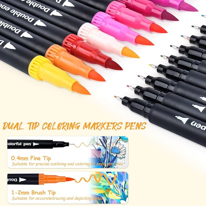 MIN CI Markers for Adult Coloring Books No Bleeding, 24 Colors Dual Markers Water-based, Dual Tip with Fine Tip and Brush Tip Pens for Calligraphy, Art Supplies Marker Kit for Drawing Art DIY Crafts