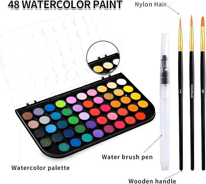 Watercolor Paint,watercolor paint set,48 Colors Washable Watercolor Paint Set With Brush, Refillable Water Brush Pen, Palette, and Water-Washable Paints for Adults Artist Beginner