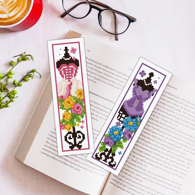 ORIGACH 6 Pcs Cross Stitch Bookmark Kit for Beginner Adults, Mannequin with Flowers Stamped Embroidery Bookmark Kit with Instruction for Starters Printed Cross Stitch DIY Kits for Book Lovers
