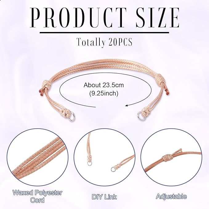 KISSITTY 20pcs Adjustable Bracelet Cords for Connector Charms Waxed Polyester Thread Cord Brown Color Half Finished Bracelet for Friendship Bracelets Jewelry Making