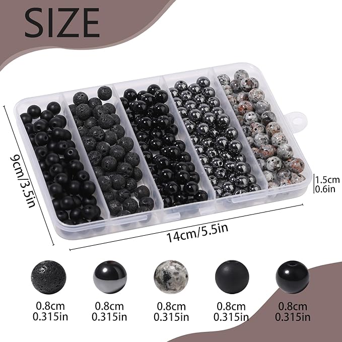 Songxi 300PCS Black Stone Beads Bracelet Making Kit, 8mm Round Loose Crystal Gemstone & Glass Beads for DIY Jewelry Making