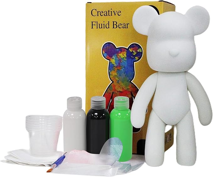 HANDA DIY Painting Fluid Bear Teddy Bear Painting Kit Set Creative Home Decorations Handmade Doll Figurine Toys Gift for Birthday Valentines (9.05 inch, Green+Black+White)