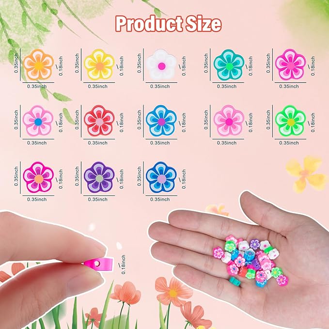 NUOBISHI 500 Pcs Flower Polymer Clay Beads Charms for Crafts with Elastic String for Making Bracelet Necklace Craft Decoration DIY Crafts