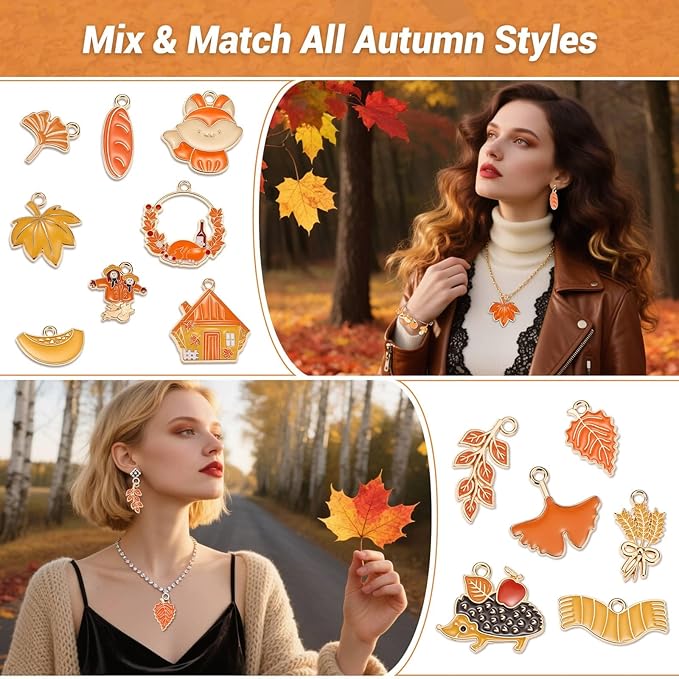100Pcs 50 Pairs Fall Charms for Jewelry Making and Bracelets, Thanksgiving Autumn Charms Gold Enamel Jewelry Pendants for Earring Bracelet Necklace Crafts Making