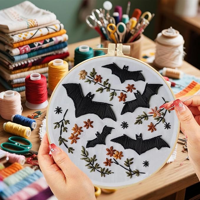 Floral Witch Hat Embroidery Kit Halloween Cross Stitch Material Set with Bat Skull Flower Pumpkin Patterns, DIY Hand Needlepoint Embroidery Craft Kit for Beginners Professional (Floral Bats)