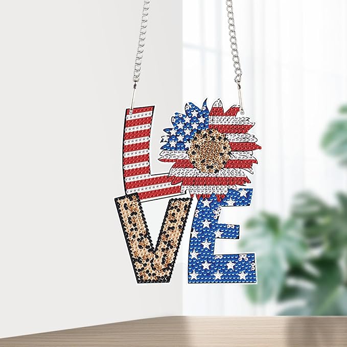 AiYuanzsh Patriotic Diamond Painting Hanging Sign – Love Door Wall Decoration with American Flag Sunflower, Leopard Print, DIY 5D Rhinestone Art Craft for 4th of July Home Decor