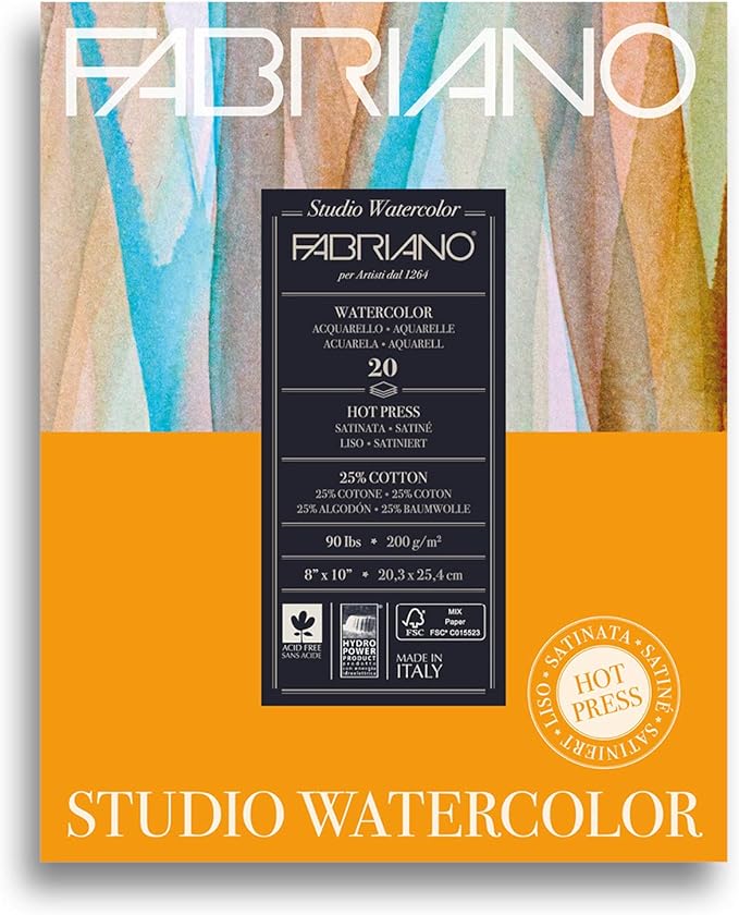 Fabriano Studio Watercolor Pad, Hot-Press, 8" x 10", 90 lb., 20 Sheets