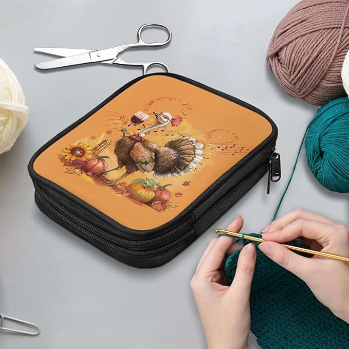 Hechitok Turkey Pumpkin Crochet Hook Case Portable Travel Crochet Storage Bag Organizer Zipper Bags with Web Pocket and Crochet Holder Slots for Crochet Knitting Accessories