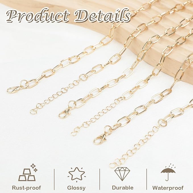 20 Pcs 18K Gold Plated Necklace Bracelet Chain Kit, Paperclip Alloy Link Fit Clip on Charm, Charm Bracelet Necklace Kit for Women DIY Jewelry Making (Gold)