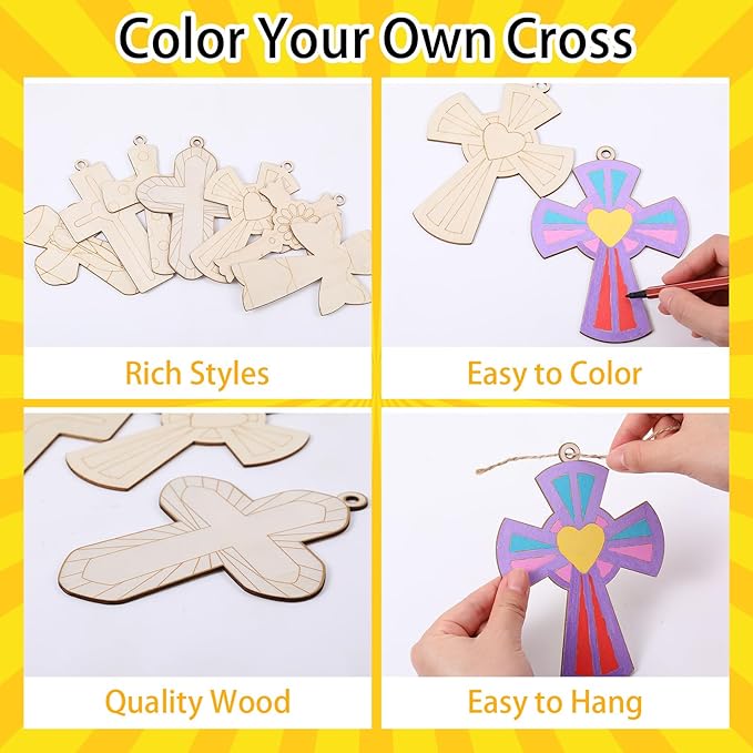 Anglechic 14 Set Spring Religious Craft Kit Christian Cross Painting Crafts DIY Unfinished Wooden Cross Sunday School Hanging Ornaments Blank Coloring Decoration for Home Church Activities