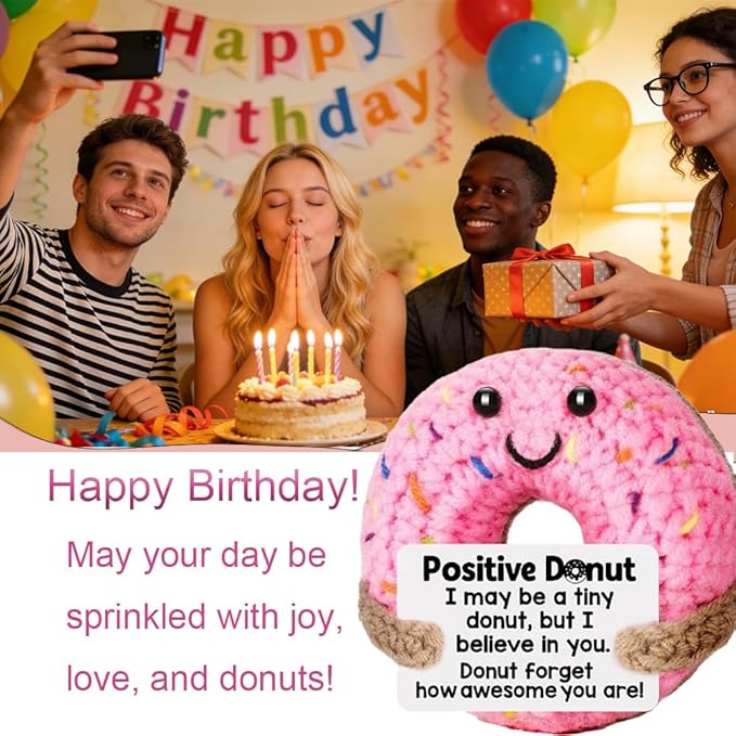 Handmade Crochet Positive Donut Plush Doll - Cute Knitted Sweet Treat Stuffed Toy with Inspirational Quote Card, Unique Encouragement Gift for Friends, Family, Self-Care