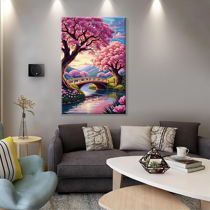 JOOZ Landscape Paint by Numbers Kit for Adults with Frame Sakura Paint by Number with Easel Mountain Adult Paint by Number Kits Framed Canvas F Lowers Oil Painting Kits for Home Wall Decor 8x12 Inch