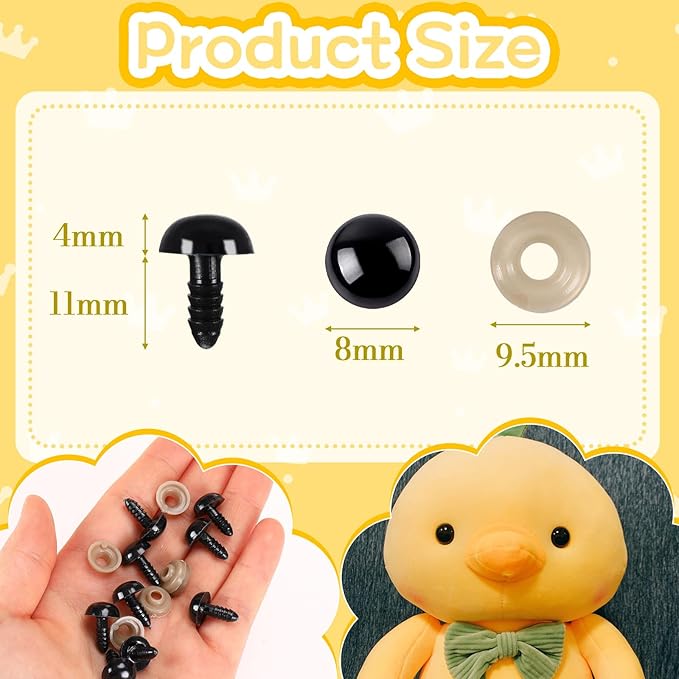 UPINS 600 Pieces 8MM Safety Eyes with Washers Black Plastic Safety Eyes for Amigurumi Doll Crochet Eyes for DIY Crafts Stuffed Animals Making Supplies
