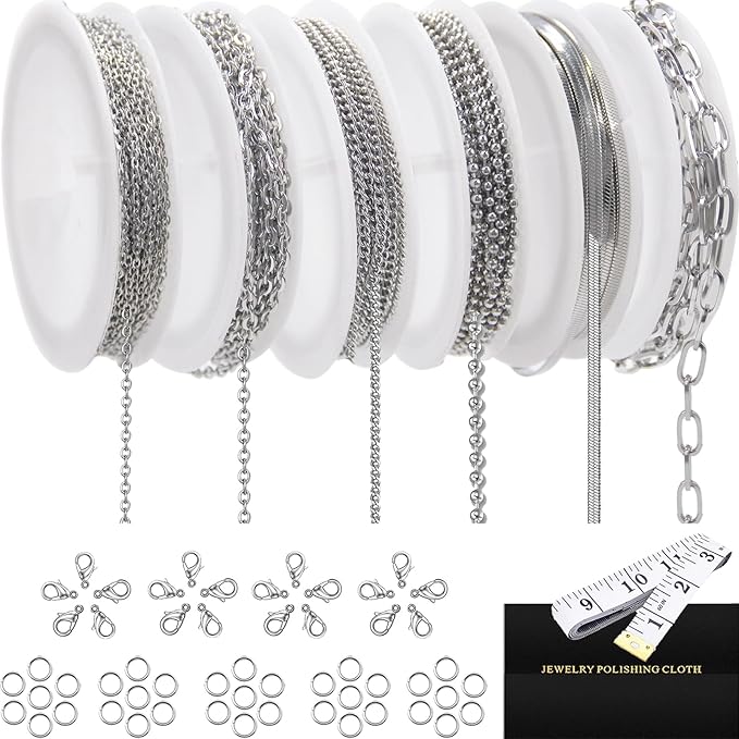 Necklace Chain for Jewelry Making, 42.6 Feet 6 Roll Stainless Steel Silver Jewelry Link Chains for DIY Necklace Bracelets Keychain Craft Jewelry Making Supplies with Jump Rings Lobster Clasp Connector