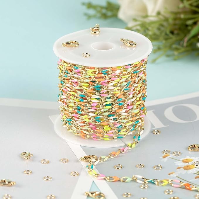 KYUNHOO 4 Meters Colorful Oil Drip Cable Chain for Jewelry Making, 16K Gold Plated Brass Chain Mixed Color Enamel Chain Necklace Women Bracelet DIY Jewelry Supplies Findings