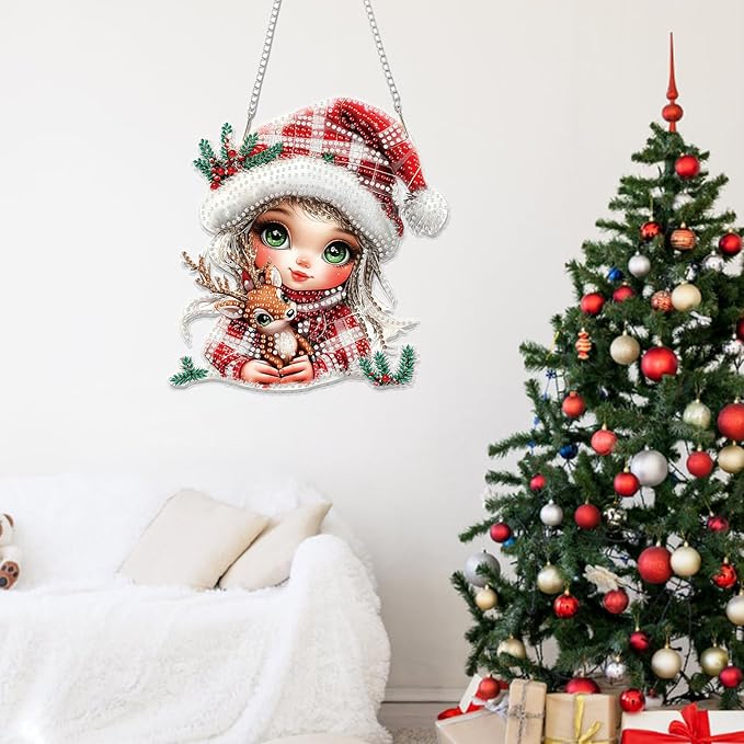 Miwixy Christmas Hanging Diamond Art Kits for Adults,Cute Xmas Deer Special Shaped Crystal Fairy Diamond Painting Ornament Kit DIY Double-Sided Pattern Window Pendant Gem Art Kit for Home Wall Decor