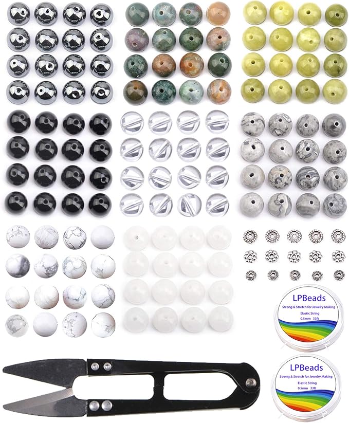 LPBeads Natural Stone Beads Set Kits 8mm Round Loose Gemstone Assorted Color with Accessories Tools for Bracelet Jewelry Making (100% Natural Stone Beads Kit 4)