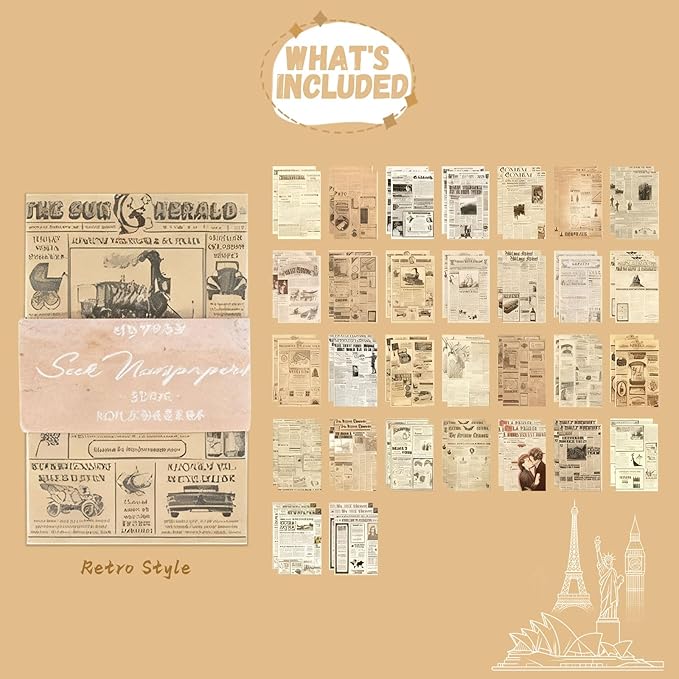 60 Sheets Junk Journal Ephemera Kit, 30 Unique Vintage Scrapbook Paper Patterns for Bullet Journal, Planner Supplies, 3x2 inch (80x50mm) Collage Material (Retro Style)