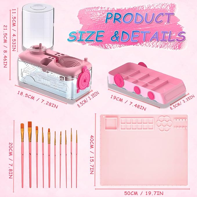 Paint Brush Cleaning Kit for Kids with 5 Brushes, Art Smock, Washable Mat, Guidebook, Spiral Brush Cleaner Jar for Watercolor(Pink)